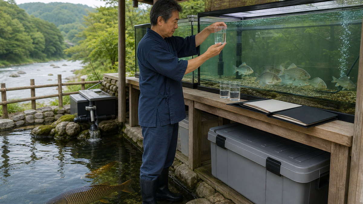 柵とろ過のあるコイ池とふた付きのフナ水槽で水質・送気・長期飼育記録を確認し移送容器を保管する飼育者