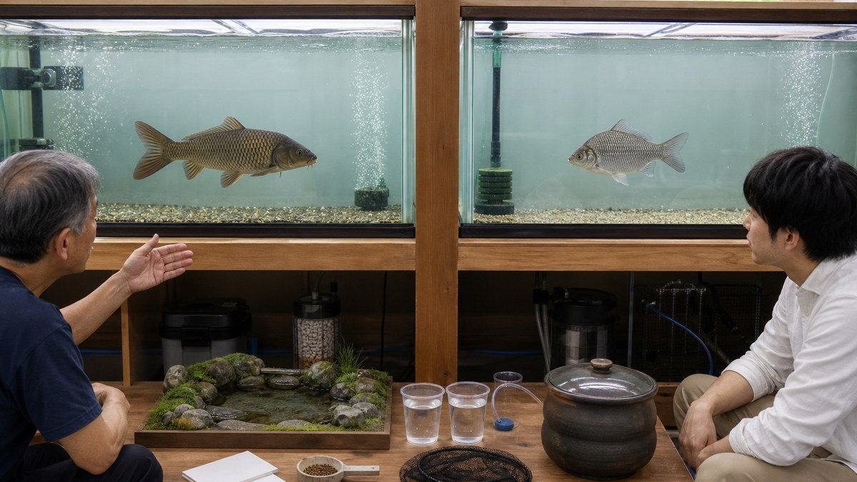 別々の広い水槽にいるコイと銀色のフナを見ながら池模型・準備水・餌・軟らかい網を前に相談する初心者と経験者