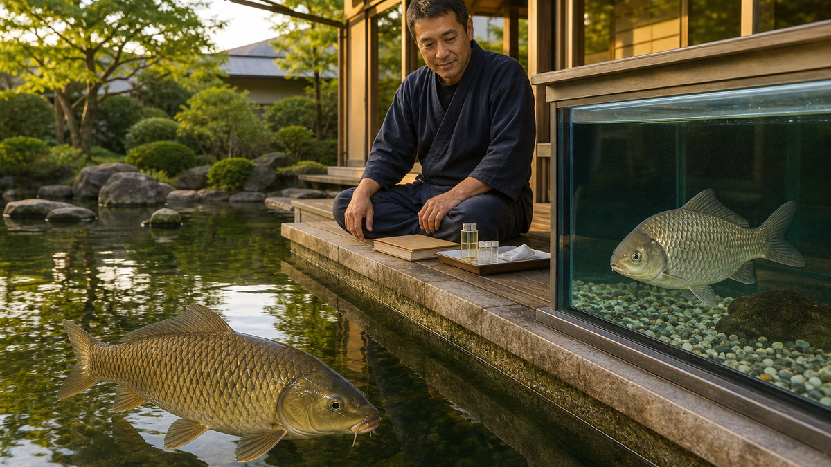 広い庭池の口ヒゲがある成魚のコイと長い縁側水槽のヒゲがない銀色のフナを水質試料と記録を前に見守る飼育者