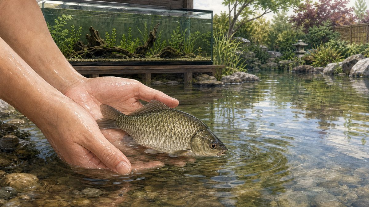 濡れた手でフナを水面近くから静かに放し大型水槽や池での飼育を示す画像