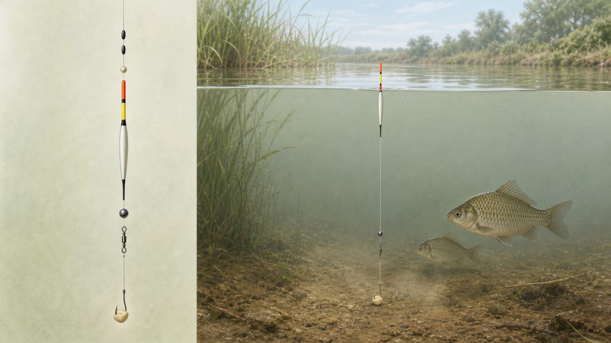ウキ止めとシモリ玉と棒ウキとオモリとハリスを順に組んだフナ釣り仕掛けの画像