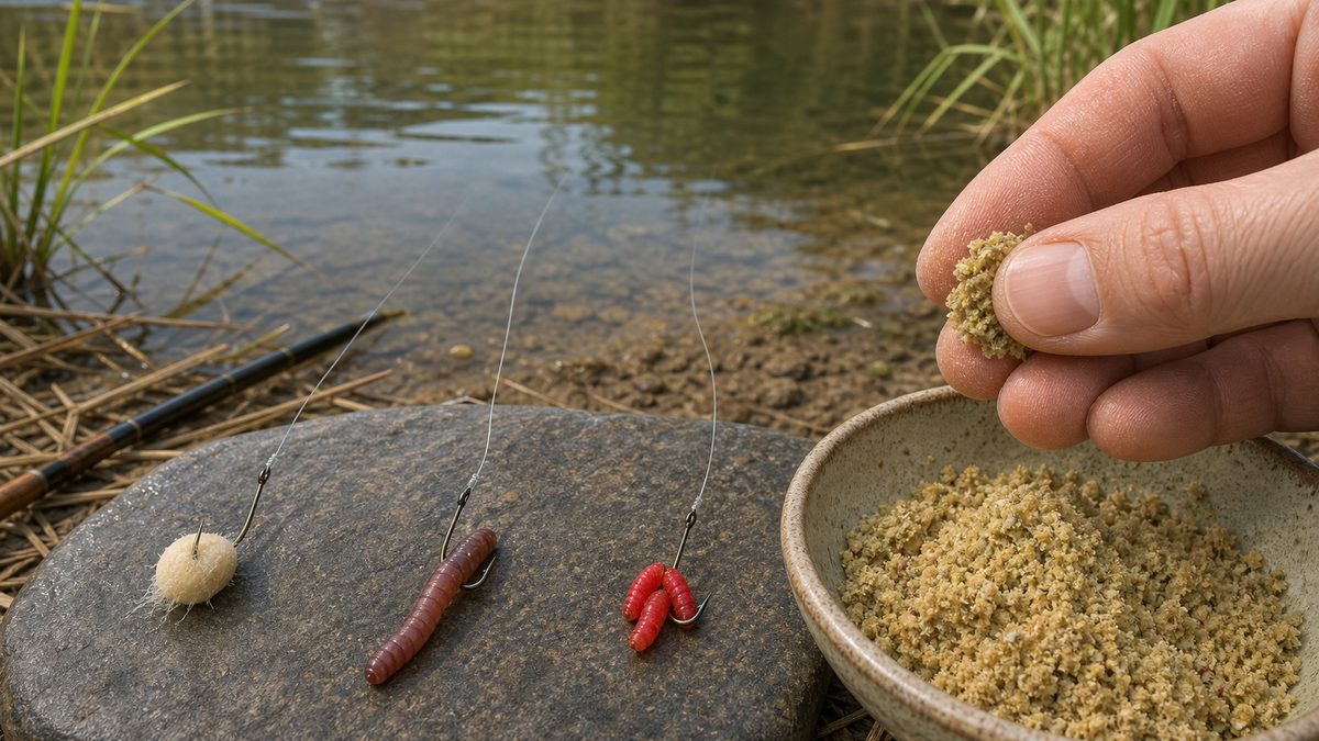 小針に練りエサとミミズと赤虫を小さく付けるフナ釣りのエサ画像