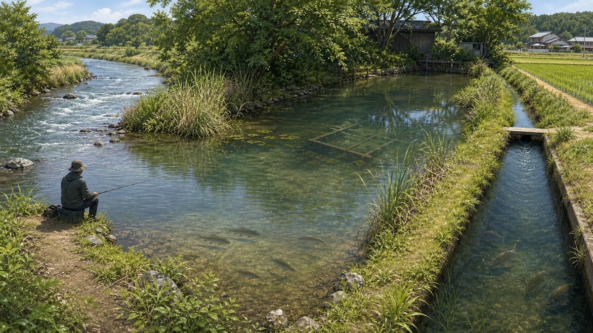 河川の緩流部とため池と農業用水路からフナの釣り場を選ぶ画像
