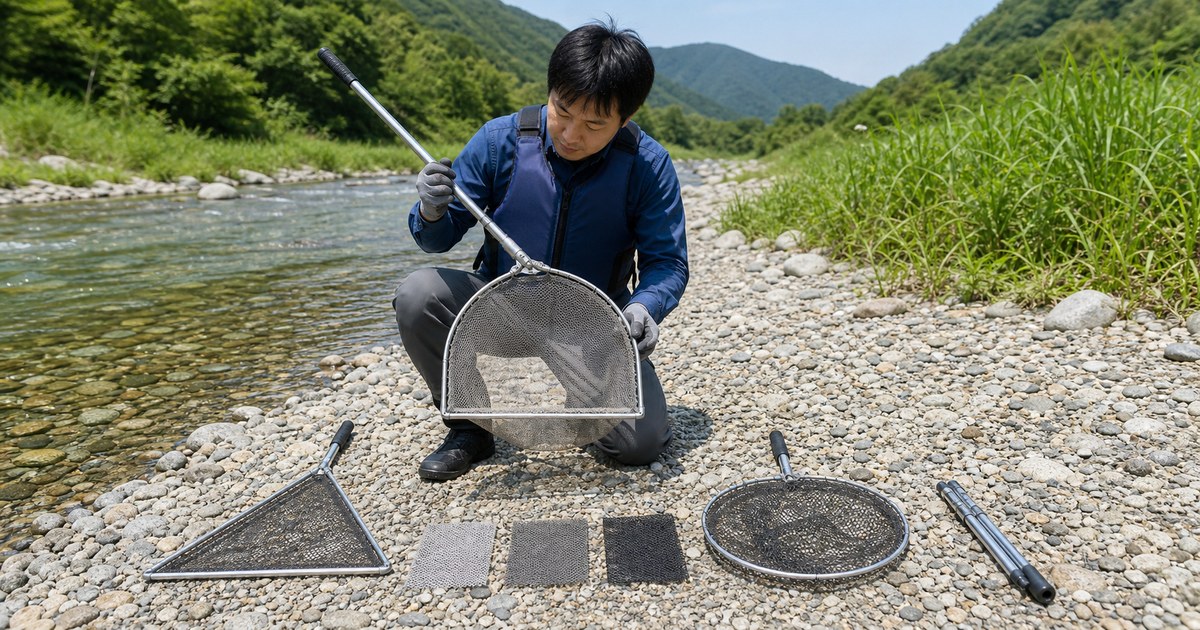 河原でD型網の接合部を確認する大人と三角網と丸網と3種類の網目
