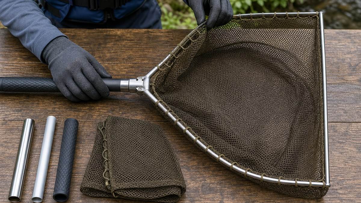 D型網の袋網と全周結束と金属フレームと柄の接合部を手袋で確認する様子