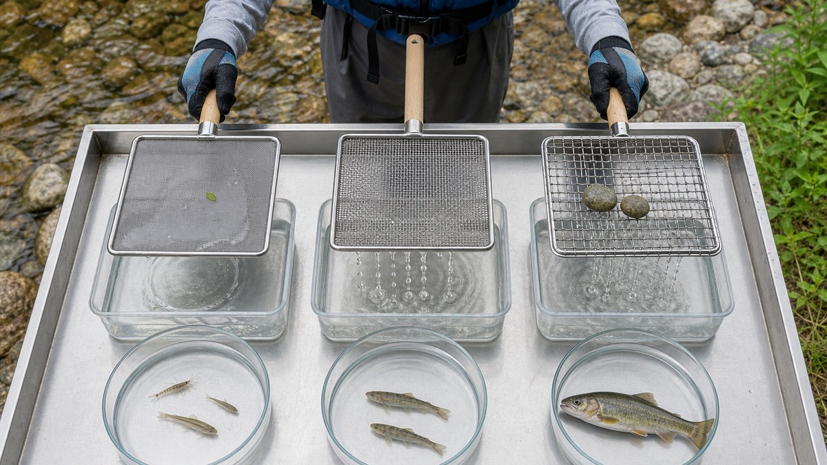 細目と中目と粗目の網を水切りし別容器のエビと小魚と大きめの魚を比べる様子