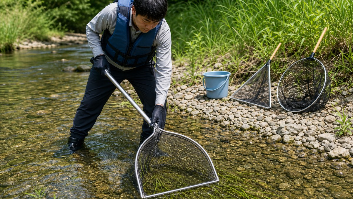 安全装備の大人が浅い川底へD型網の直線辺を当てて中尺柄を操作する様子