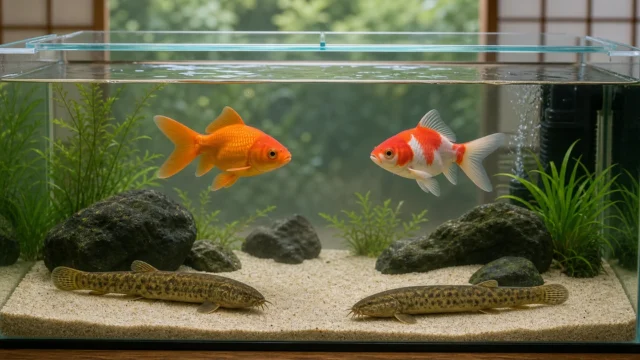 中層を泳ぐ金魚と砂底で過ごすドジョウを同じ水槽で飼育している様子