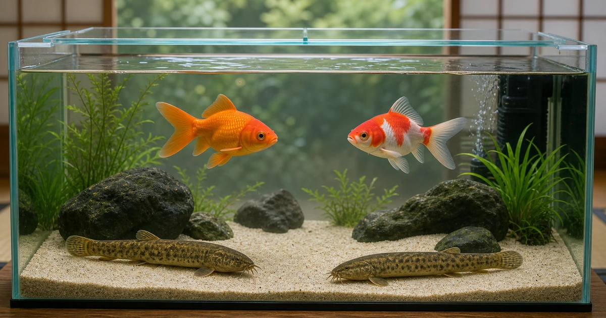 中層を泳ぐ金魚と砂底で過ごすドジョウを同じ水槽で飼育している様子