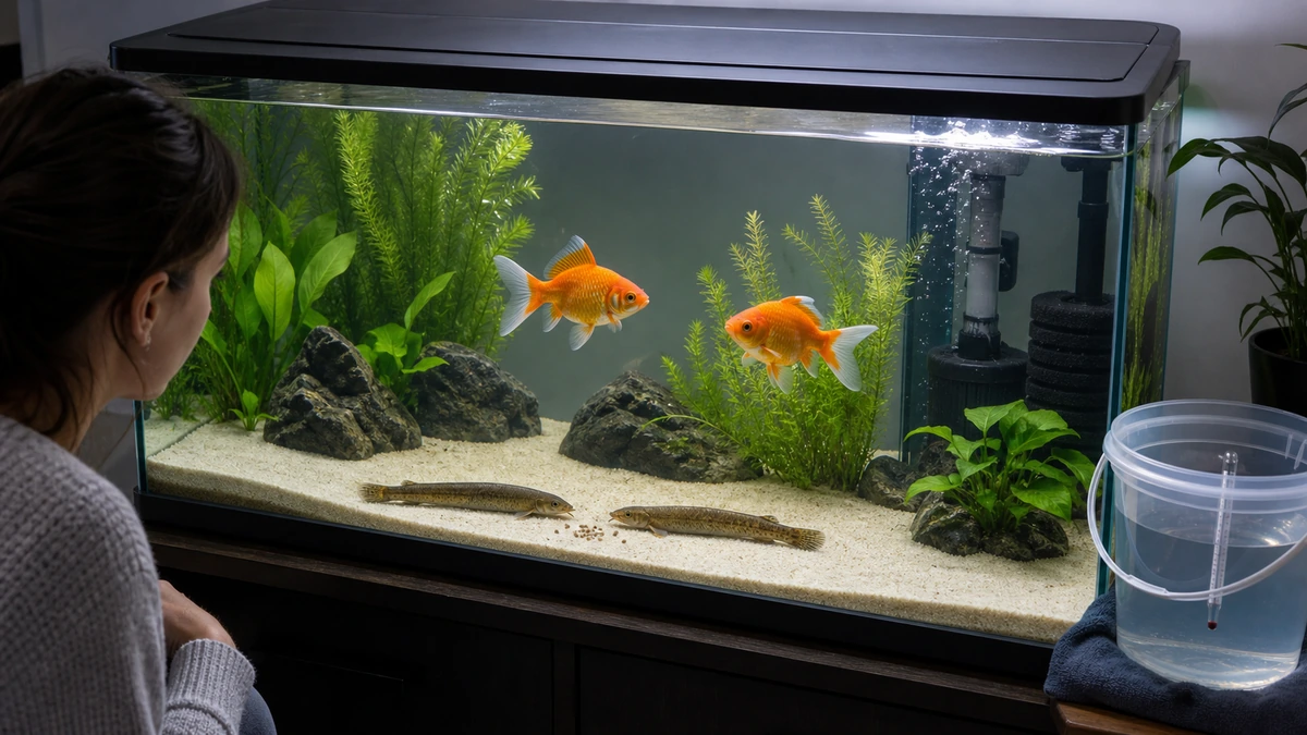 フタ付き水槽で金魚とドジョウの体格や餌と水質を確認する飼育者