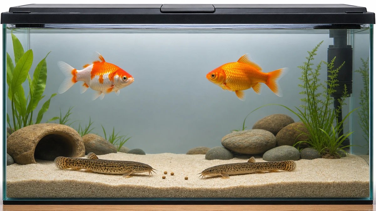 上層の金魚と砂底のドジョウが十分な間隔を保って泳ぐフタ付き水槽