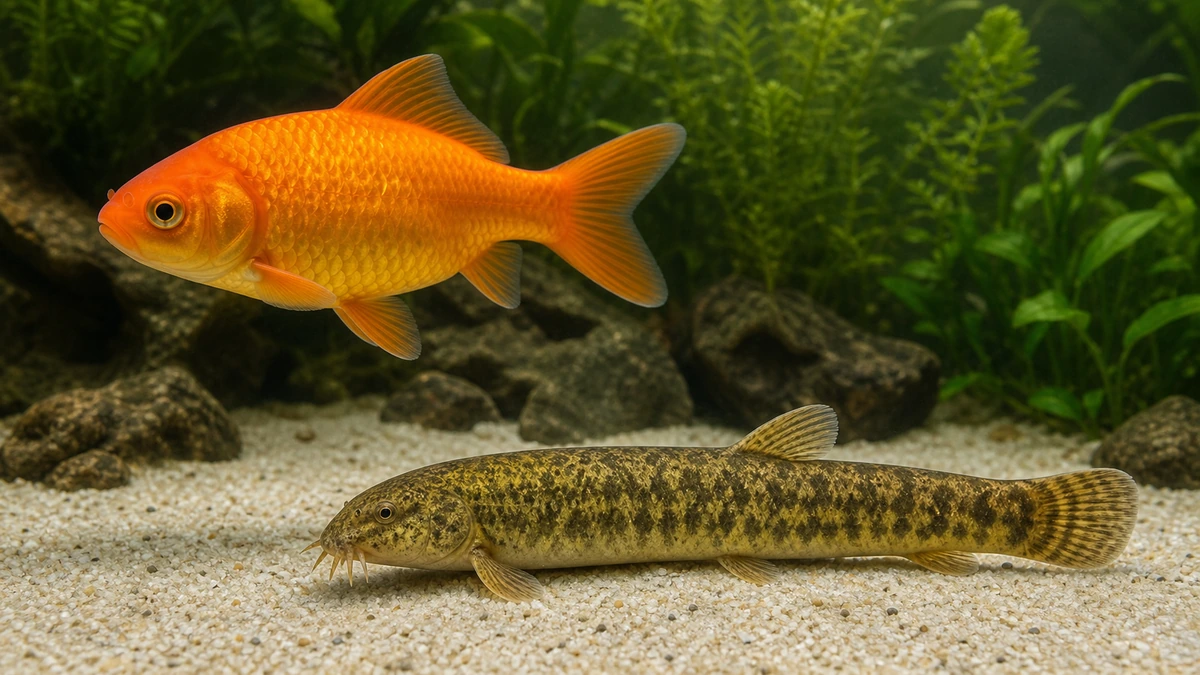厚い単尾型金魚と細長く口ひげのあるマドジョウを横から比較した水槽