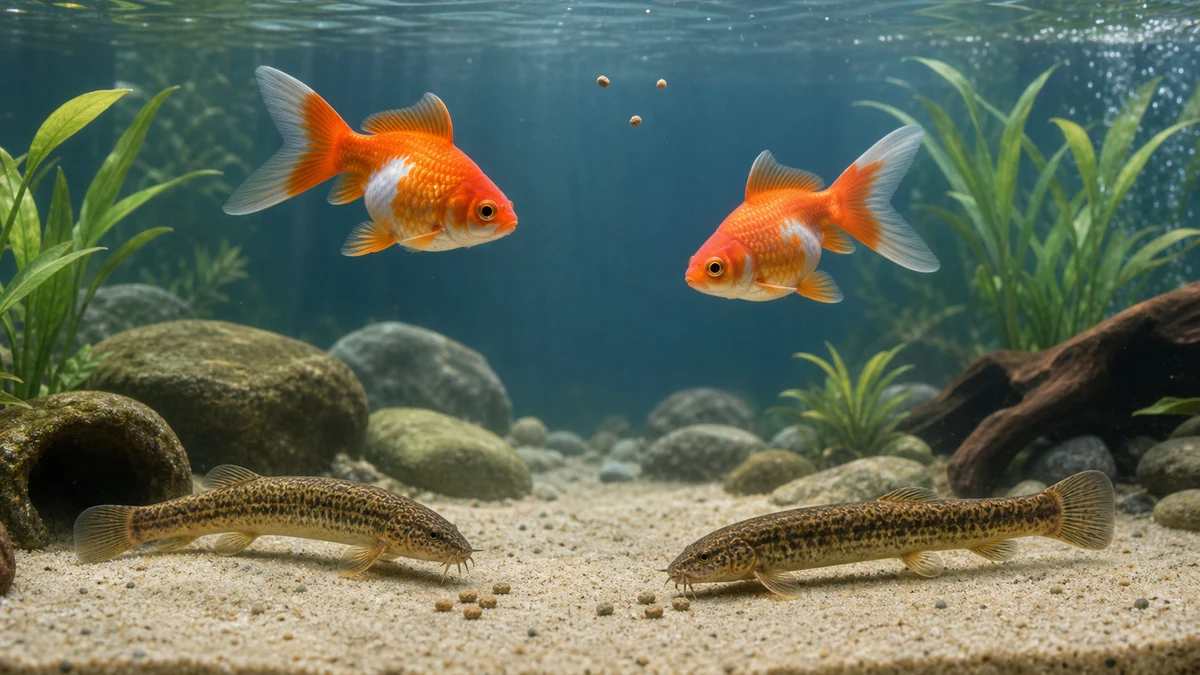 中層で餌を食べる金魚と底層で沈下餌を探すドジョウ