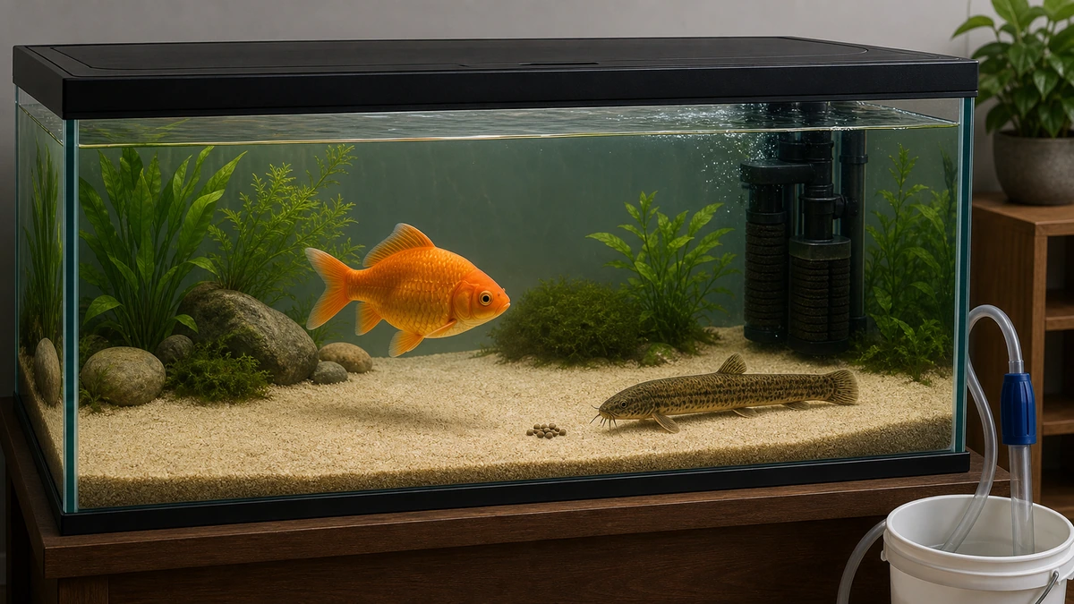 体格を合わせた金魚とドジョウを細粒砂と密閉フタの水槽で飼う様子
