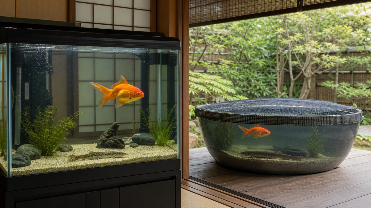 室内のろ過水槽と日陰の屋外容器で金魚とドジョウを安全に飼育する環境