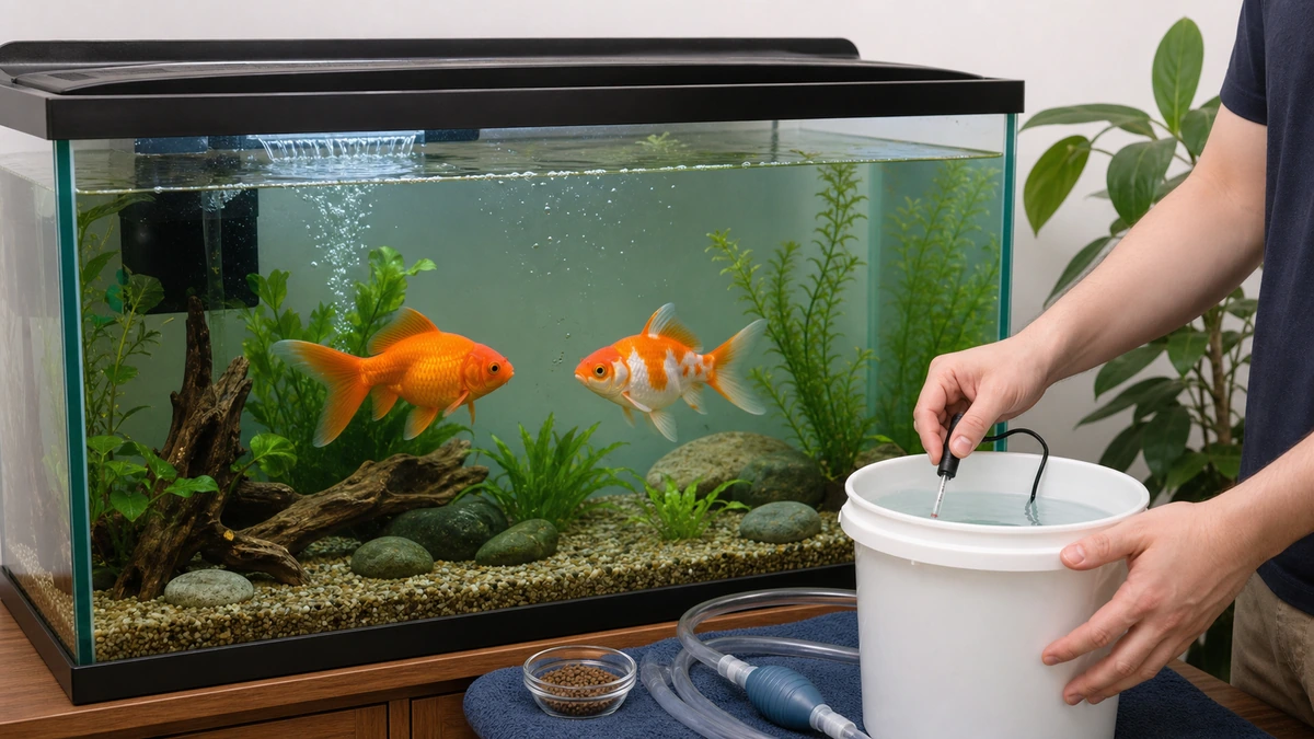 ろ過された広い水槽で泳ぐ金魚と温度を合わせた交換水