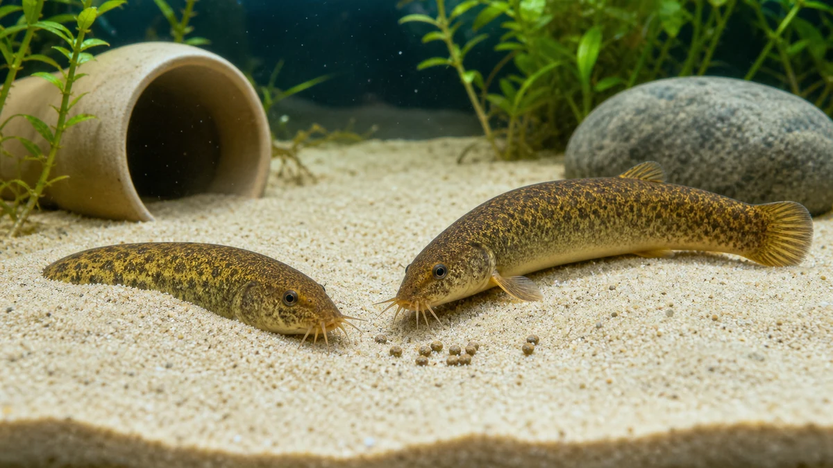 細かい田砂に潜り短い口ひげで沈下餌を探すマドジョウ