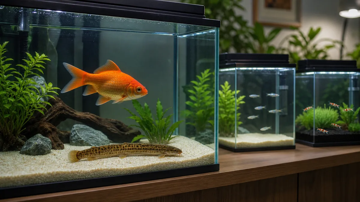 金魚とドジョウの主水槽からメダカとエビを別水槽へ分けて管理する飼育室