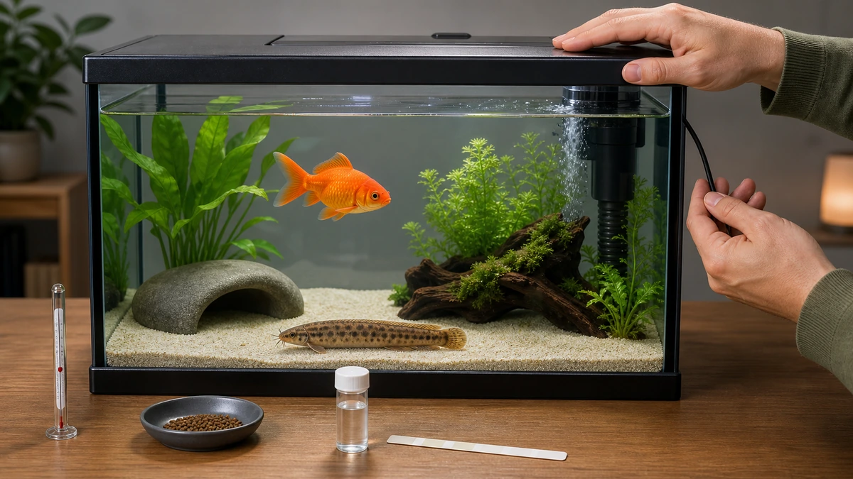 金魚とドジョウの水槽でフタの隙間や水温と沈下餌を点検する手元