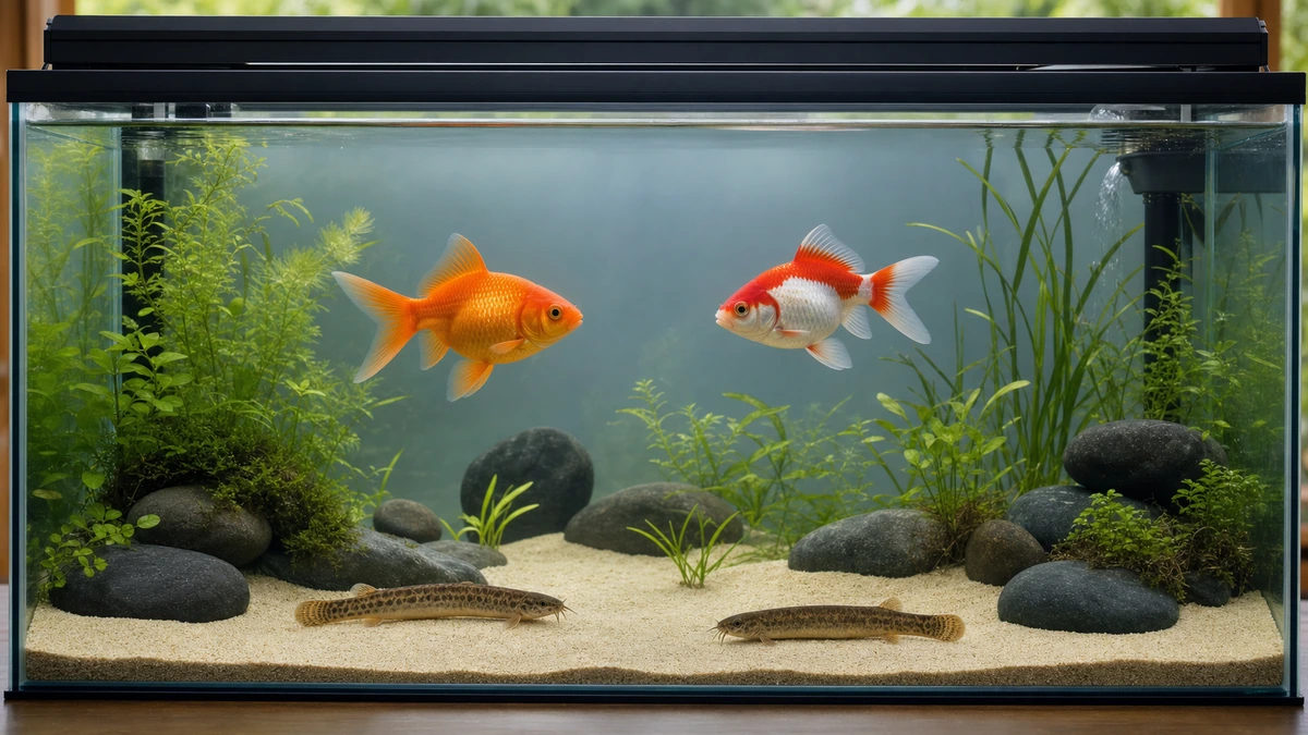 中層の金魚と細かい砂底のドジョウが落ち着いて暮らす成熟水槽