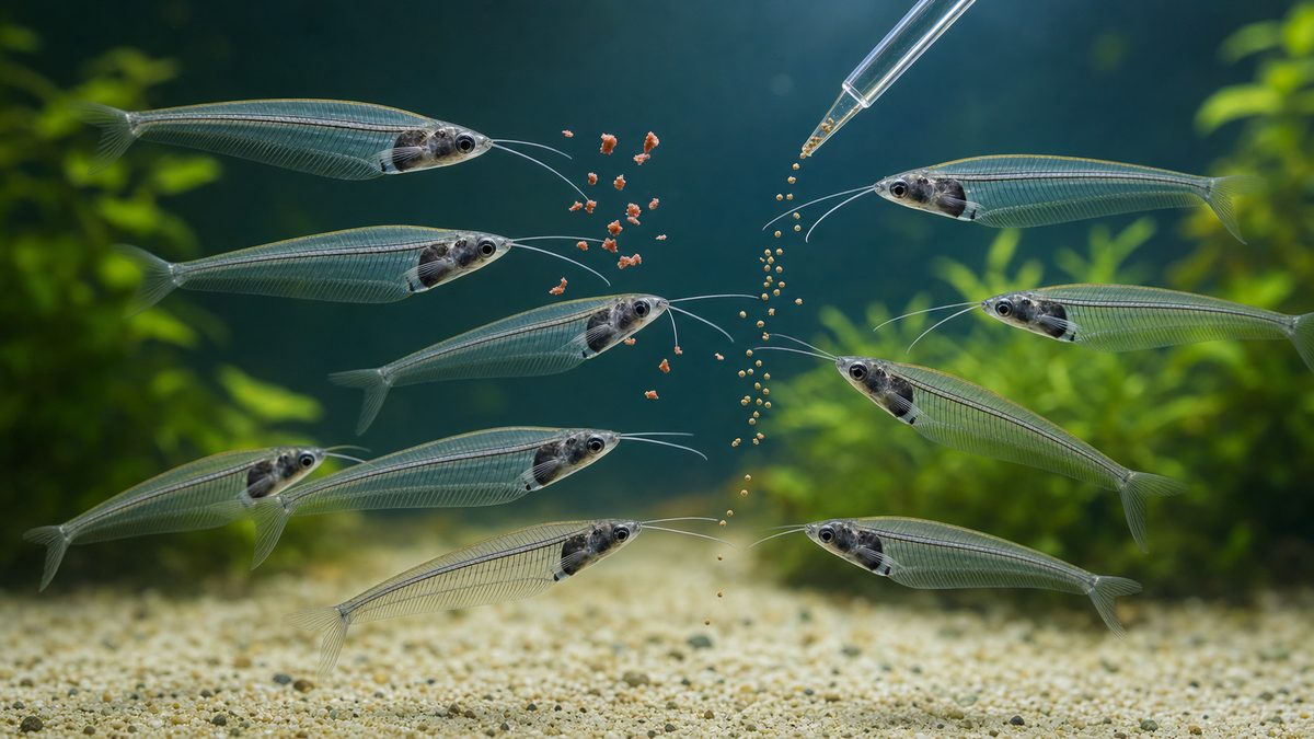 餌と餌付けのコツの要点を視覚的に整理した淡水魚飼育記事用画像