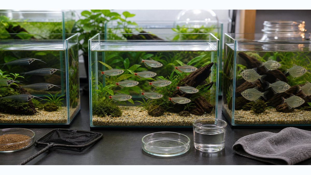 他の「グラス系」透明魚との違いの要点を視覚的に整理した淡水魚飼育記事用画像