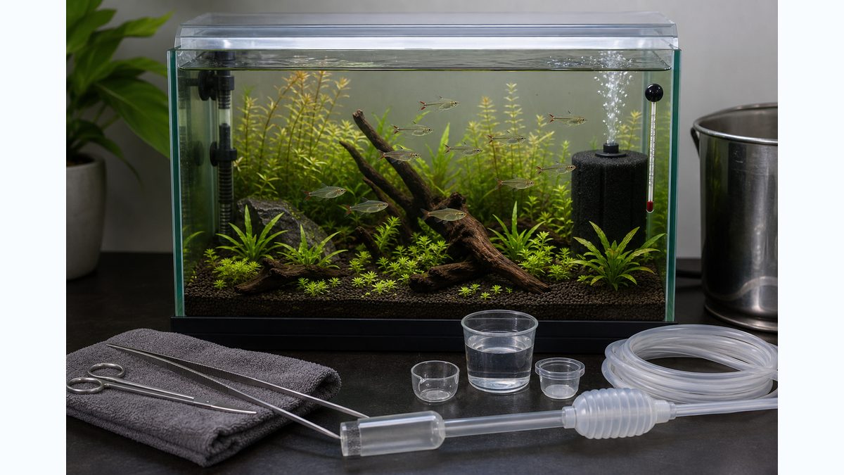 飼育に必要な機材リストの要点を視覚的に整理した淡水魚飼育記事用画像