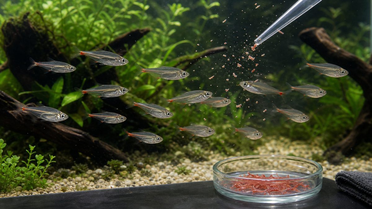 餌の与え方|餌付けの成功法則の要点を視覚的に整理した淡水魚飼育記事用画像
