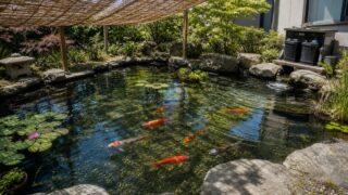 半日陰の庭池を泳ぐ和金・コメット型の単尾金魚とろ過設備