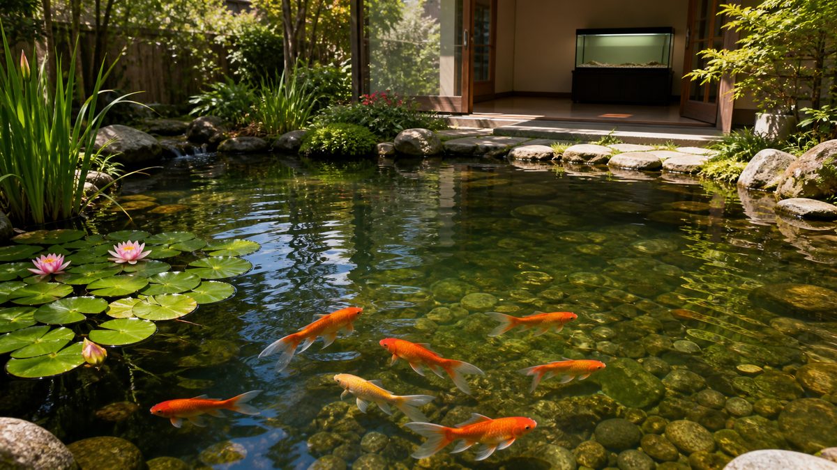 自然光の庭池を泳ぐ単尾金魚と屋内に置かれた空の水槽