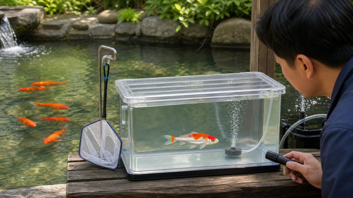 蓋付き観察容器に単尾金魚1匹を隔離し状態を確認する人