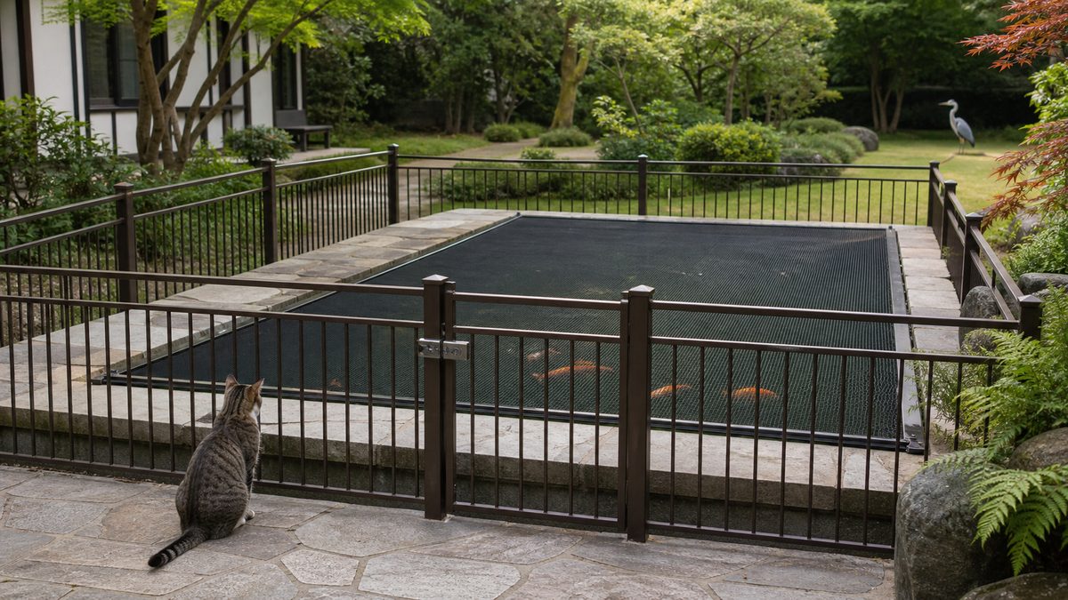 全面ネットと閉じた柵で猫・サギ・子どもの侵入を防ぐ金魚池