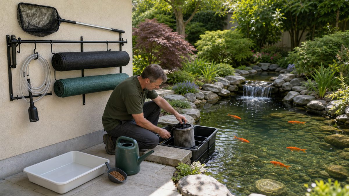 整理した池用器材のそばでろ過槽を手入れする金魚池の管理者