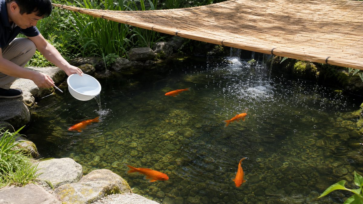 すだれの下で曝気し少量の補給水を加える夏の金魚池