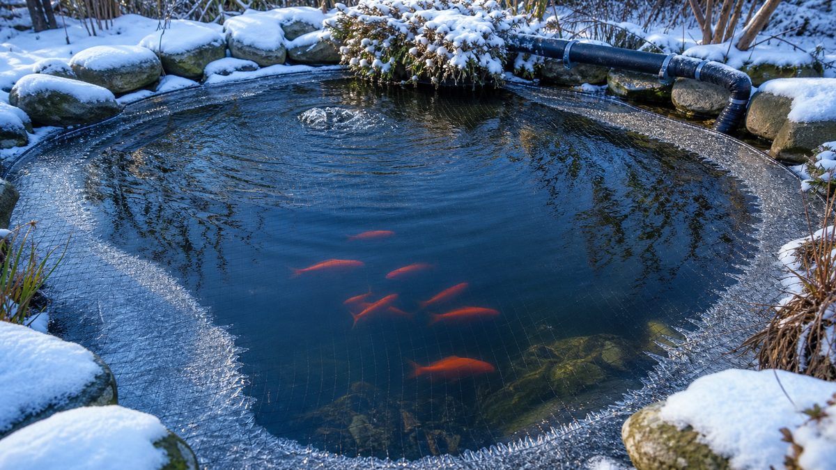縁に薄い氷が張り中央の開水面と深場を保った冬の金魚池