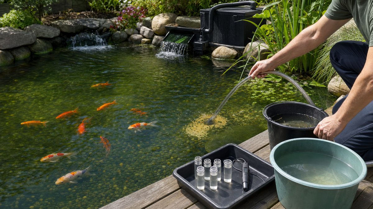 金魚池の水質を試験管とプローブで測り部分換水する様子