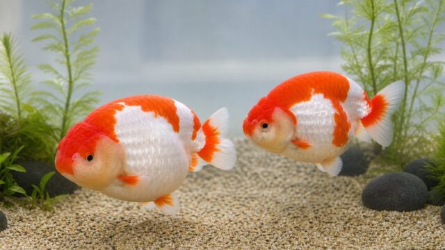 浅く広い水槽で泳ぐ背びれのない赤白らんちゅうの飼育ガイド用画像