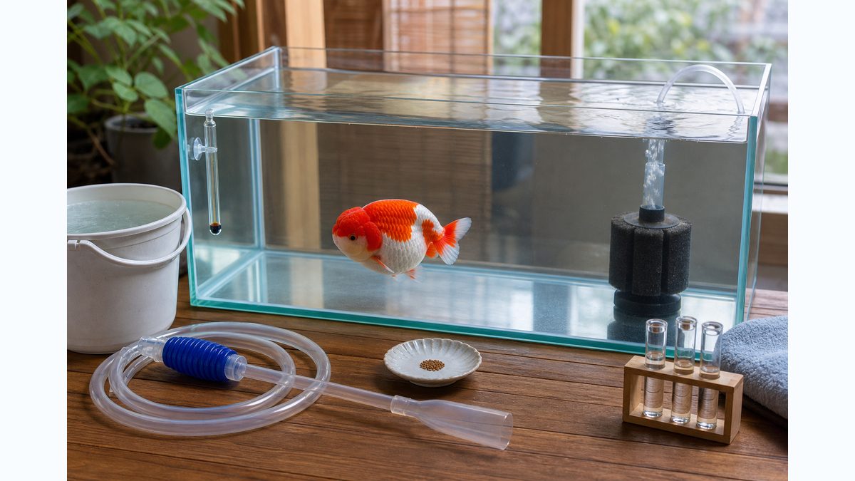 らんちゅう飼育の基本機材と水質・餌・水換えをまとめた画像