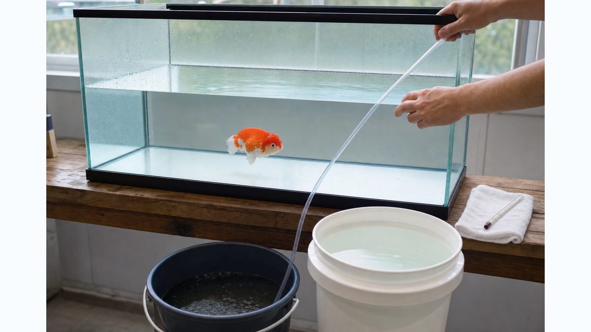 らんちゅう水槽の一部をサイフォンで換水する手順の画像