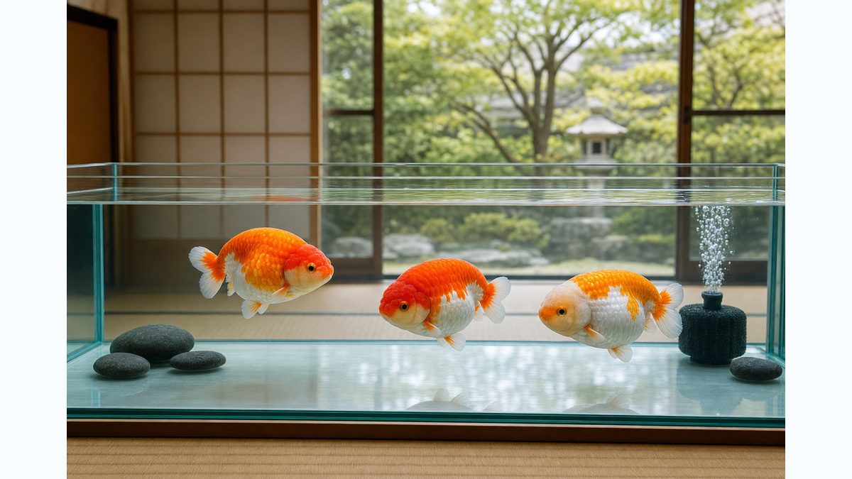 浅く広い水槽で健康に泳ぐ3匹のらんちゅうの長期飼育まとめ画像