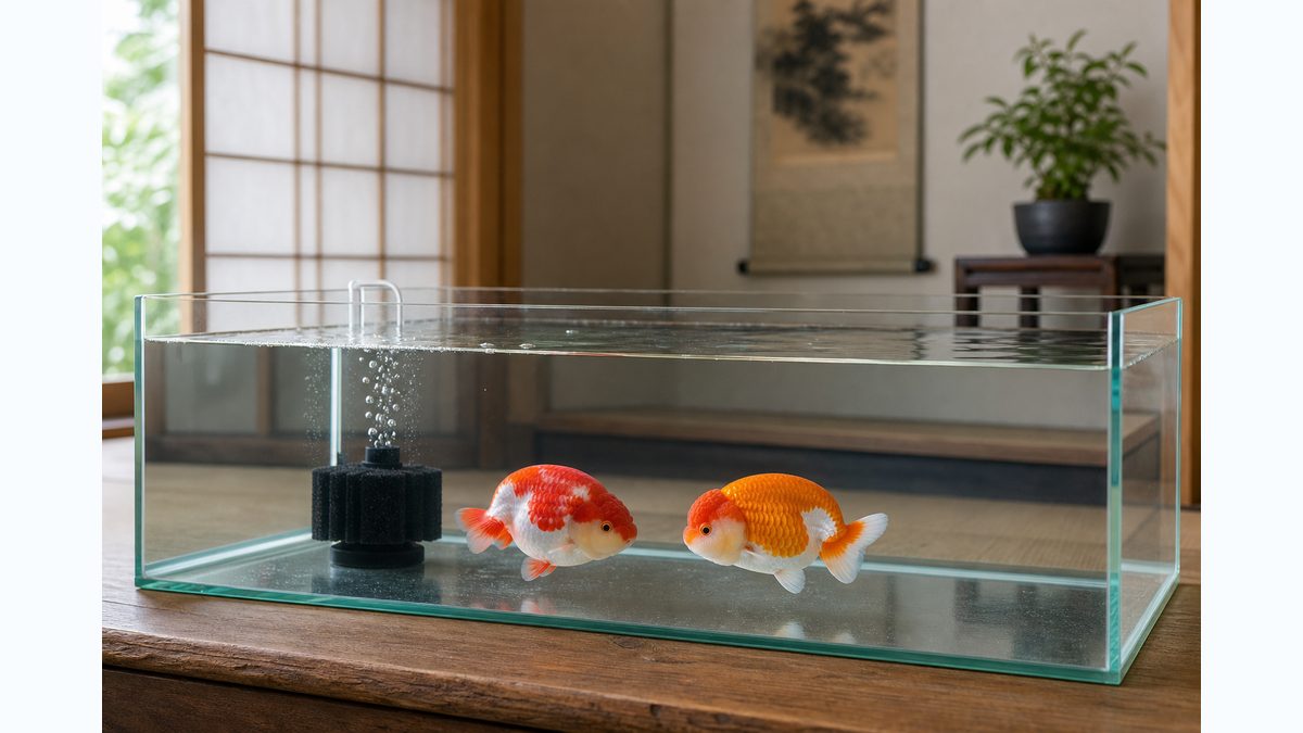 背びれのないらんちゅうを浅く広い水槽と弱い水流で飼育する画像
