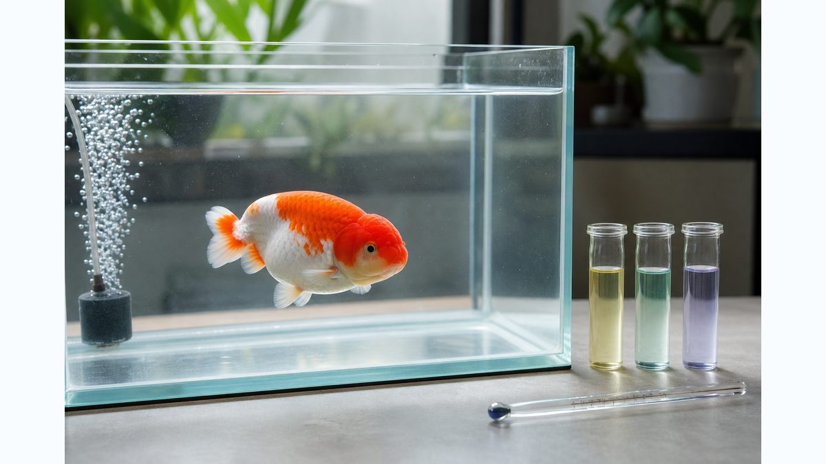 らんちゅう水槽の水温と水質を試験管で確認する画像