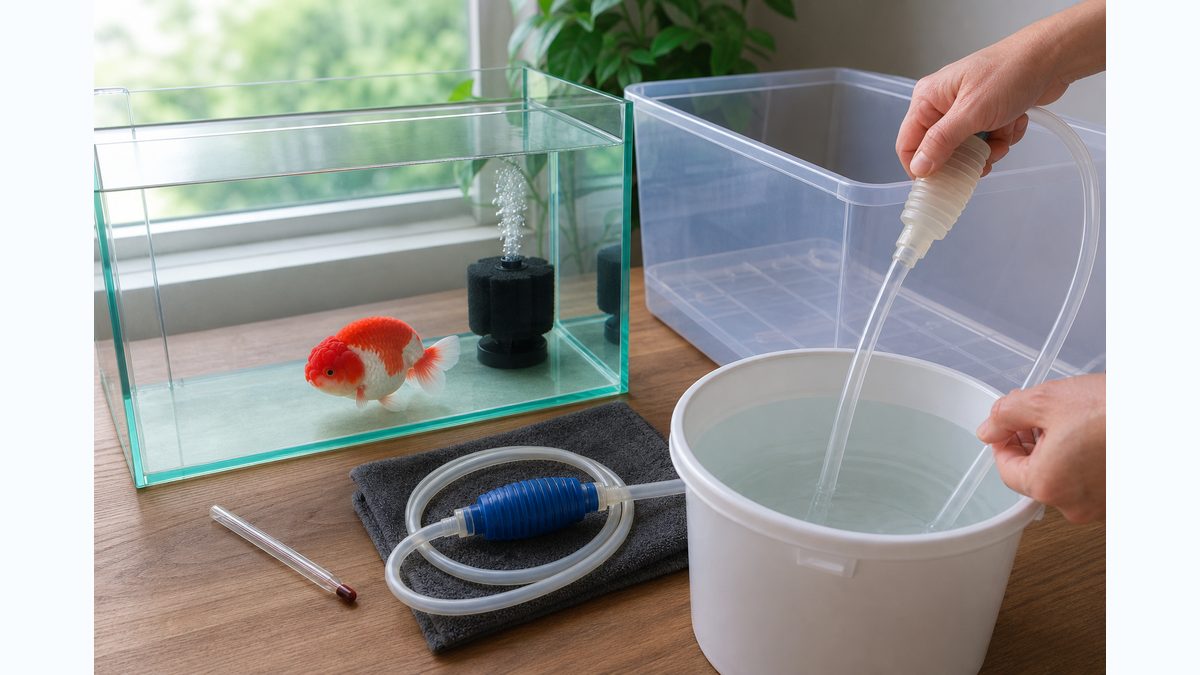 らんちゅう水槽の換水準備と隔離容器で病気を予防する画像