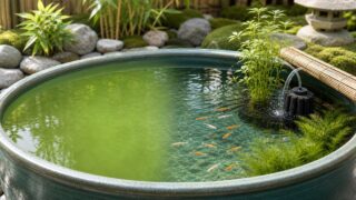 濃い緑水から透明水へ変化し、メダカと濾過器が見える屋外飼育容器