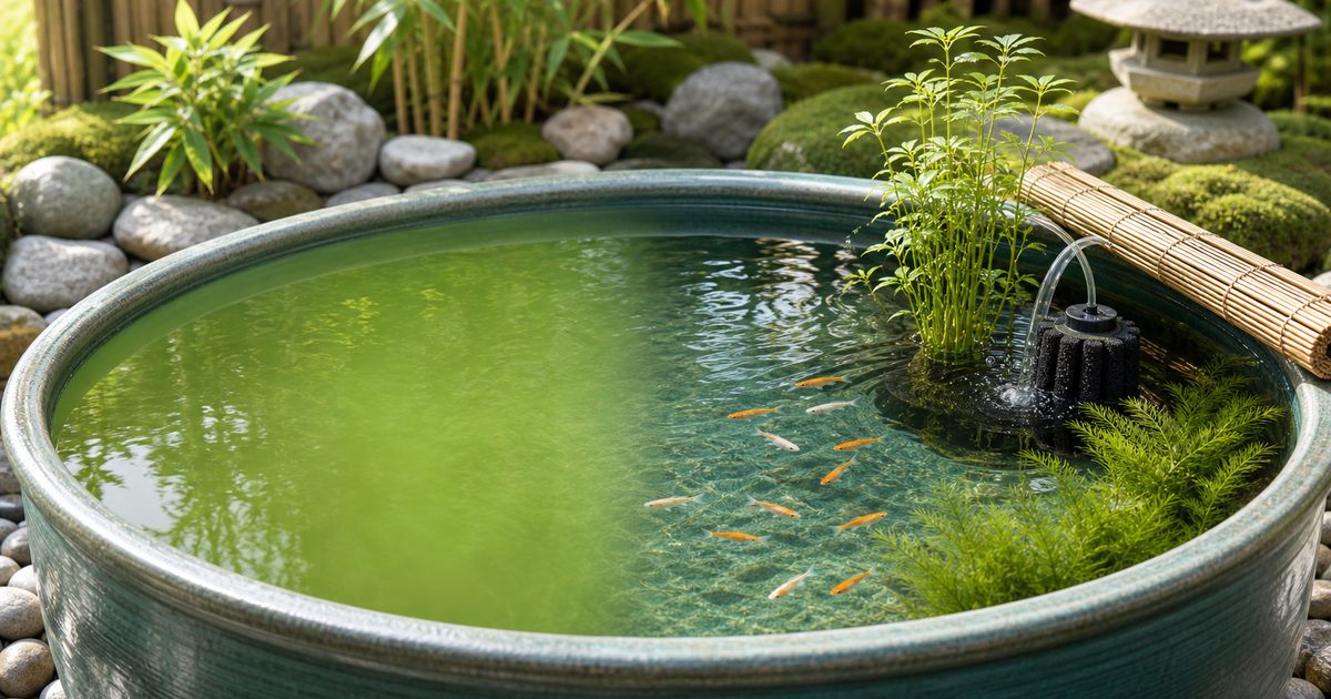 濃い緑水から透明水へ変化し、メダカと濾過器が見える屋外飼育容器