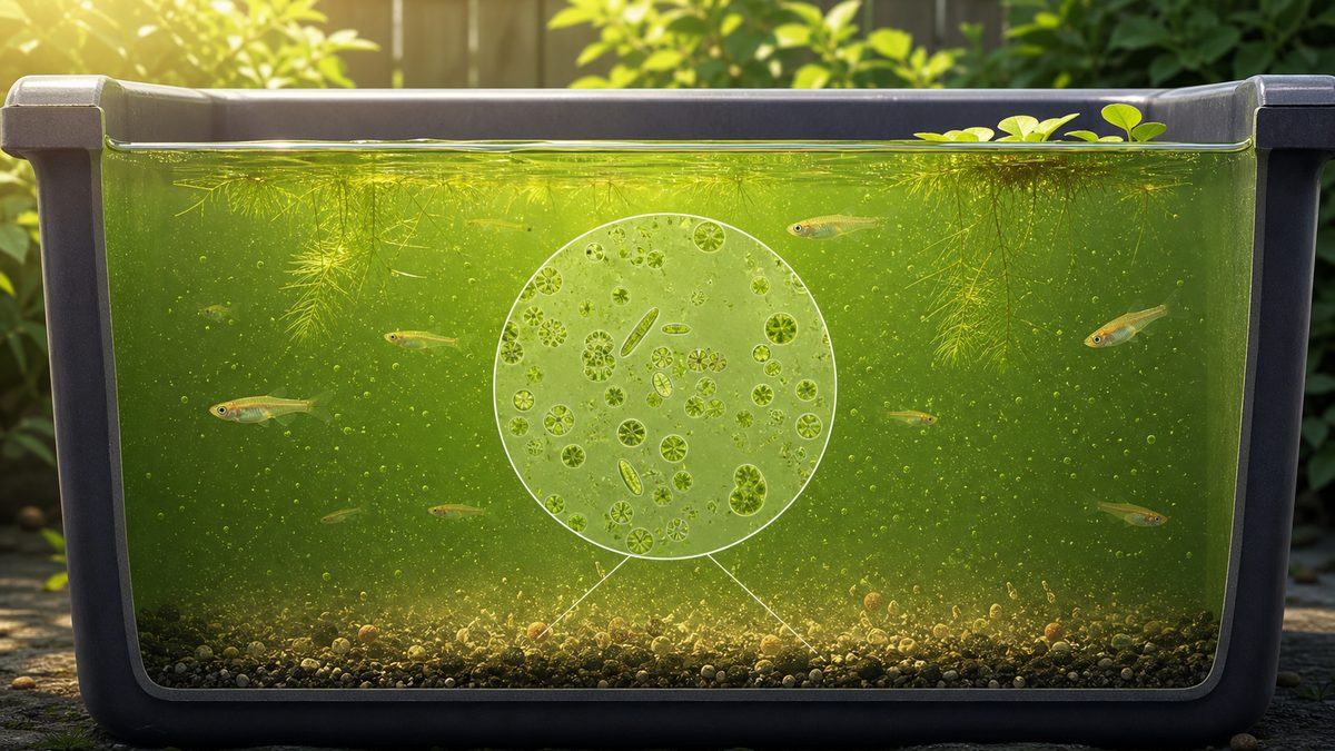 緑の水中に植物プランクトンが浮遊するメダカ容器の顕微鏡イメージ