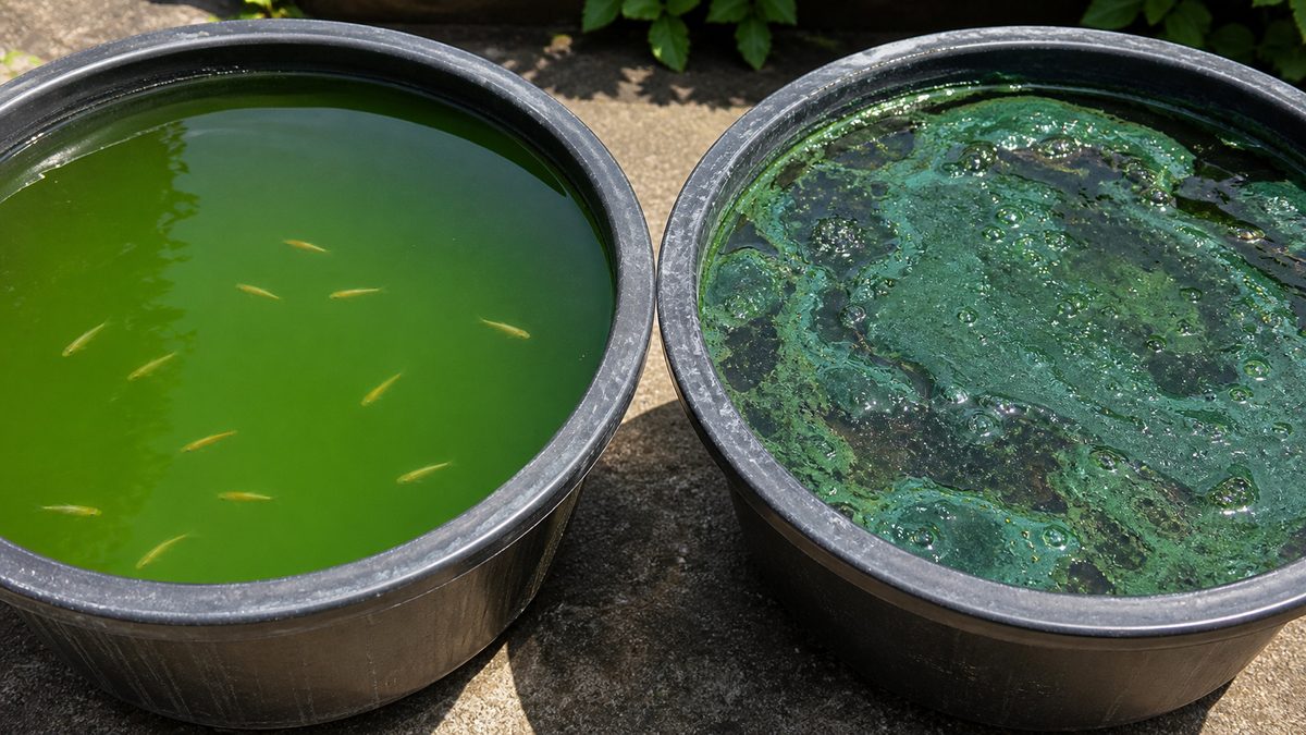 均一な緑水と青緑色の膜や気泡が浮くアオコを並べた容器比較