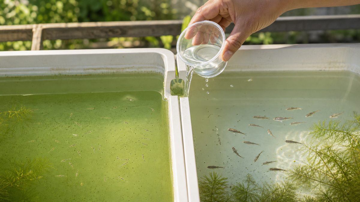 緑水の小さな針子と透明度を上げた水の稚魚へ少量ずつ水を足す育成容器