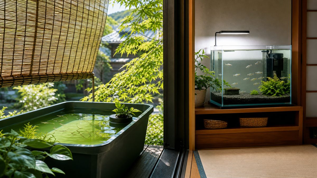 すだれを使う屋外メダカ容器と照明・濾過を管理する室内水槽