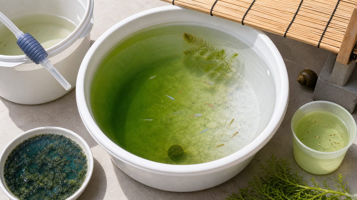 緑水から透明水へ変わる容器と換水・遮光・タニシ・針子・アオコの例